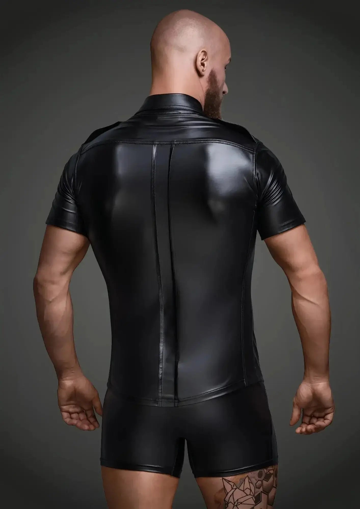 Black glossy faux leather short-sleeved shirt with high collar central zipper and front pockets in size S