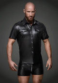 Black leather short-sleeved shirt with two chest pockets and button-down front in noir sexy and elegant style