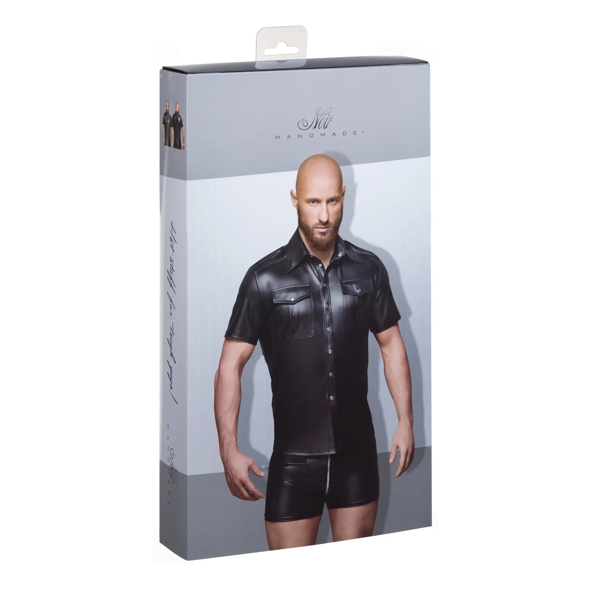 Black leather short sleeved shirt with button front and chest pockets in XL for a sexy and elegant look