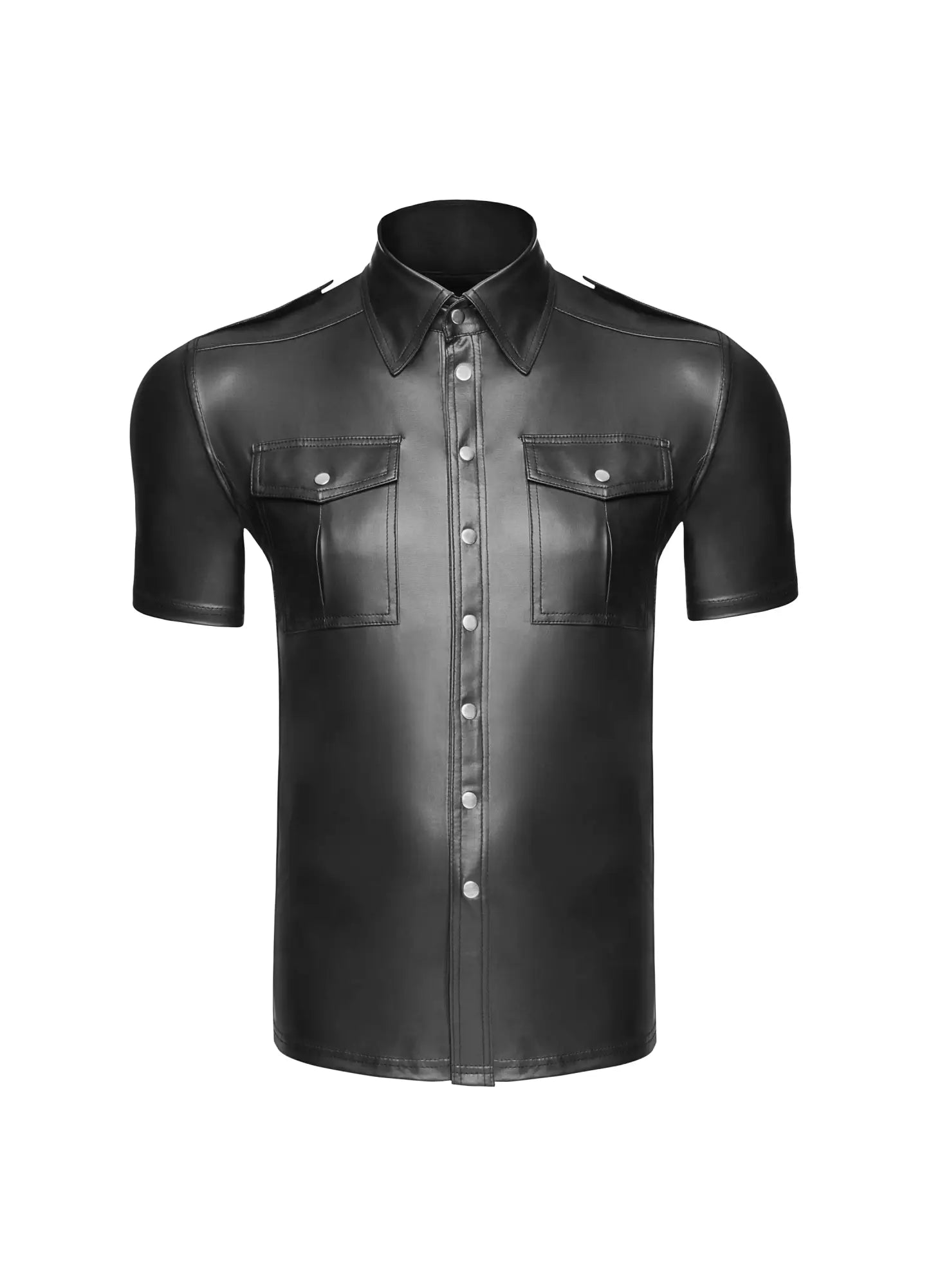 Black leather short-sleeved button-up shirt with front pockets and silver buttons in xl for elegant style