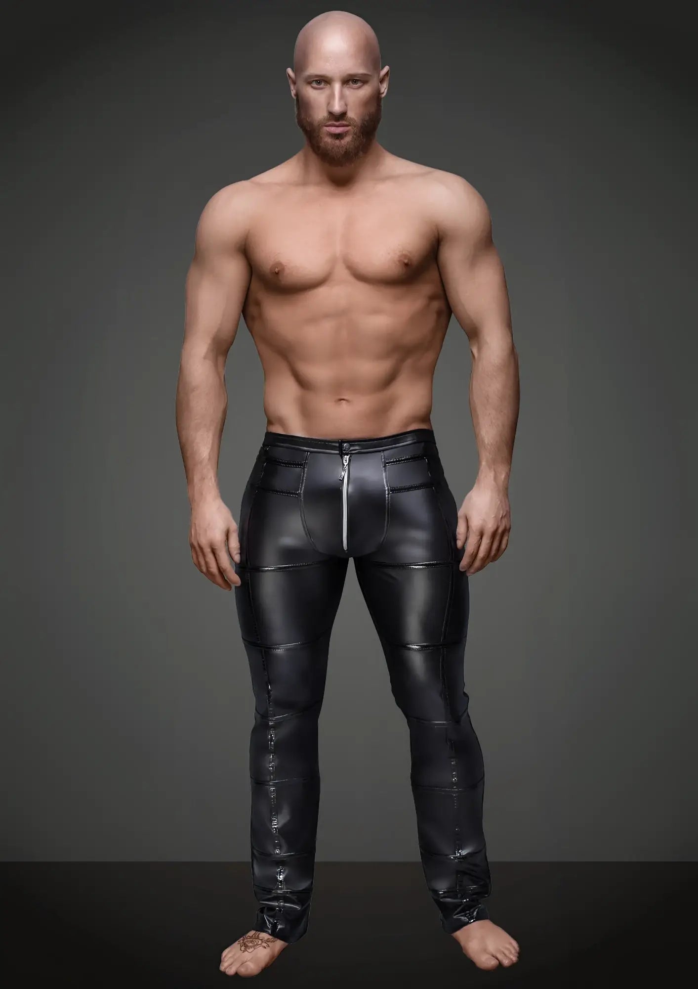 Black glossy faux leather pants with central front zipper and stitched paneling from noir sexy pants with hot details l