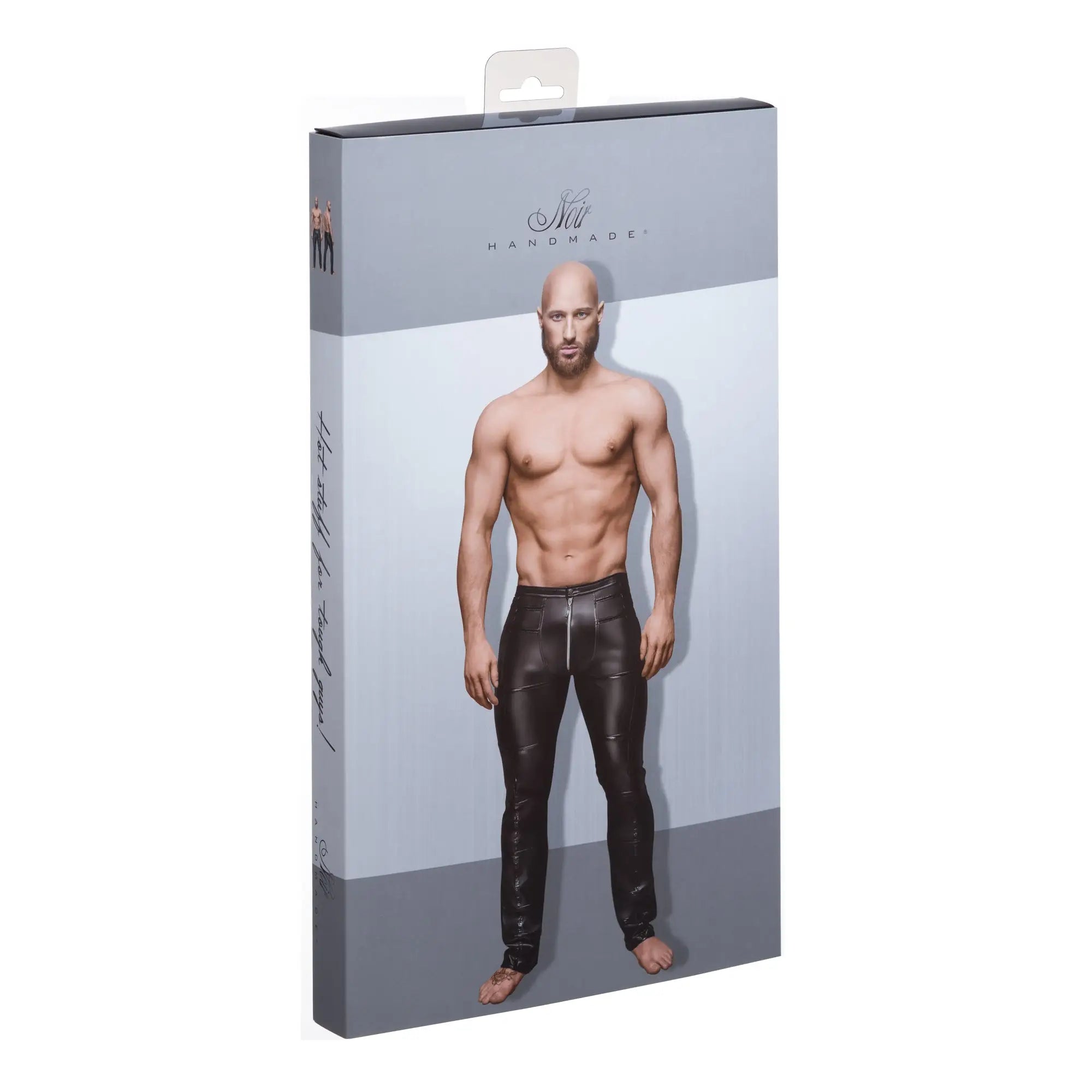 Black leather pants with front zipper on muscular model in packaged box for Noir sexy pants with hot details M