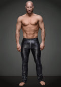 Black glossy faux leather pants with central front zipper and stitched paneling from Noir sexy pants with hot details S