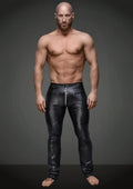 Black glossy faux leather pants with central front zipper and stitched paneling from Noir sexy pants with hot details S