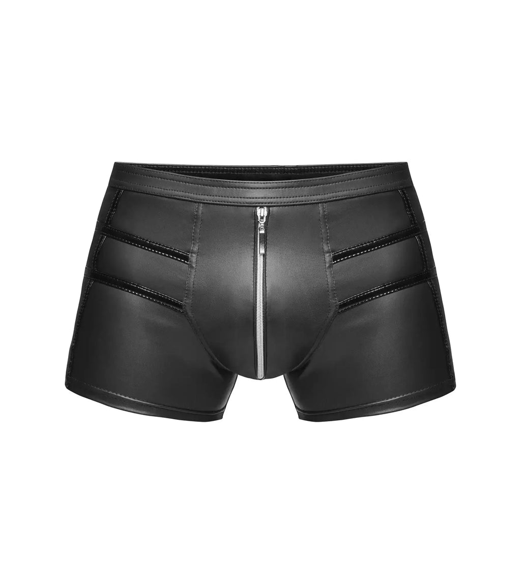 Noir sexy shorts with hot details in black faux leather featuring a central silver zipper and stitched panel details