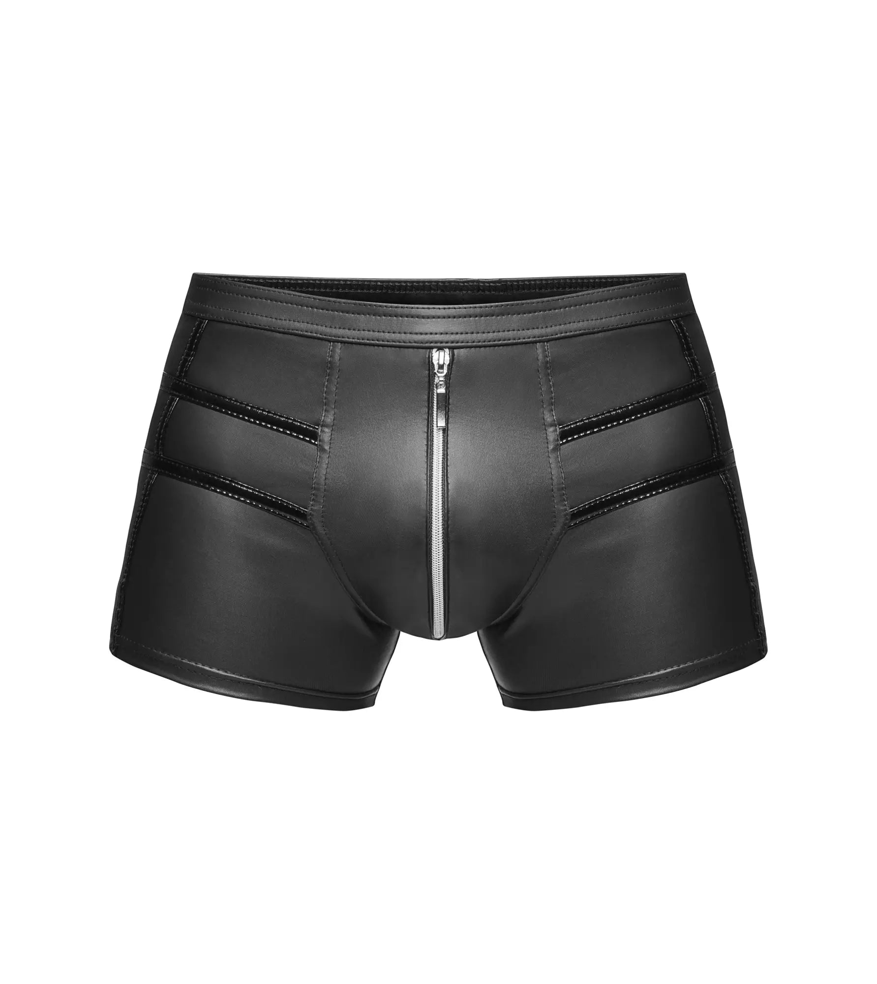 Noir sexy shorts with hot details in black faux leather featuring a central silver zipper and stitched panel details