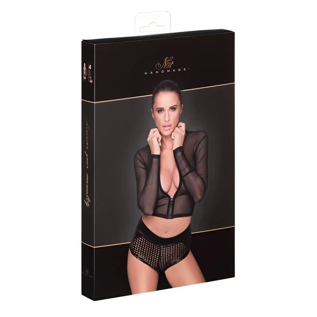 Black sheer zippered tulle top with matching fishnet shorts in an elegant black box packaging