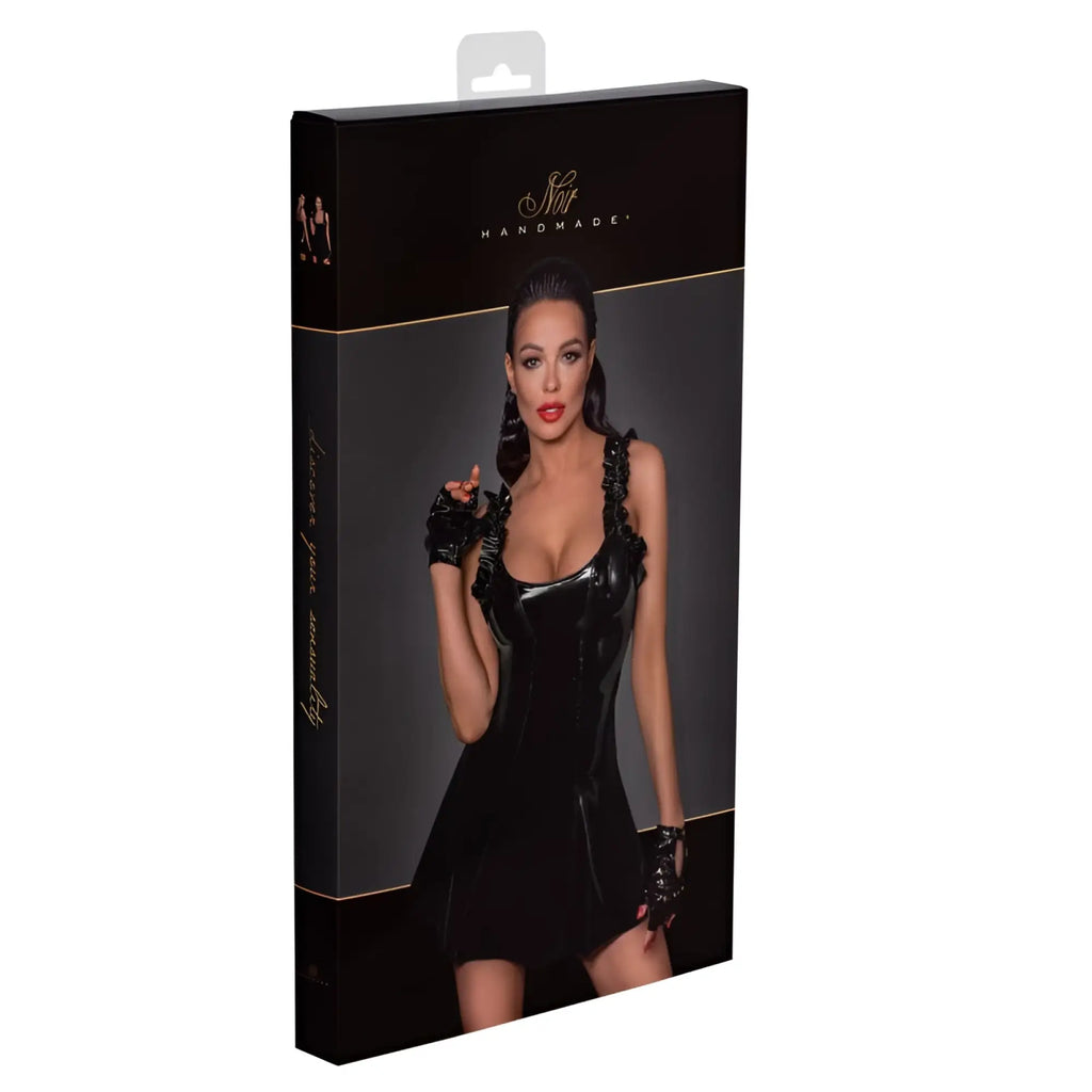 Black latex corset dress with ruffled shoulder straps and matching gloves in noir short pvc dress w frilled shoulder straps m