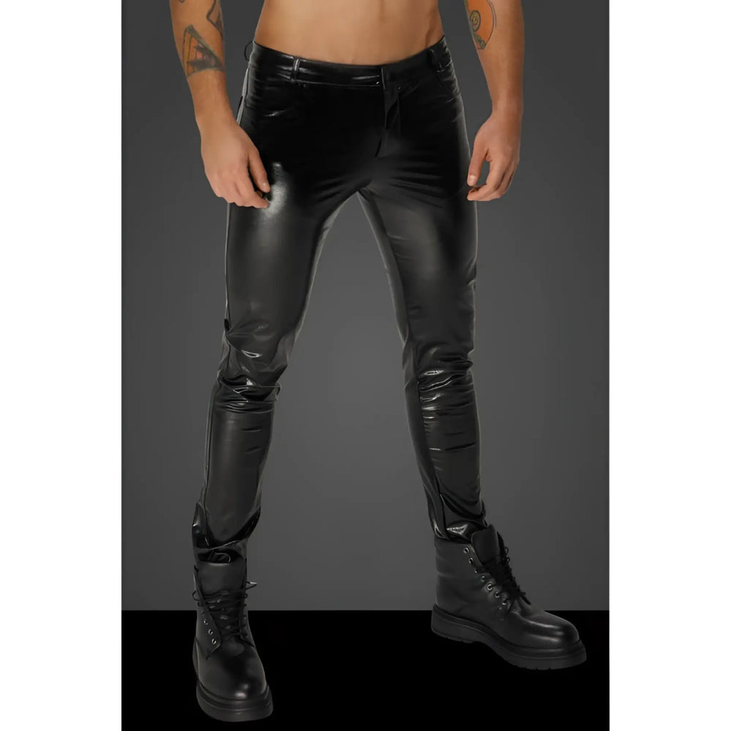 Black glossy faux leather slim-fit pants with back pockets shown from the back in noir snake wetlook long pants m style