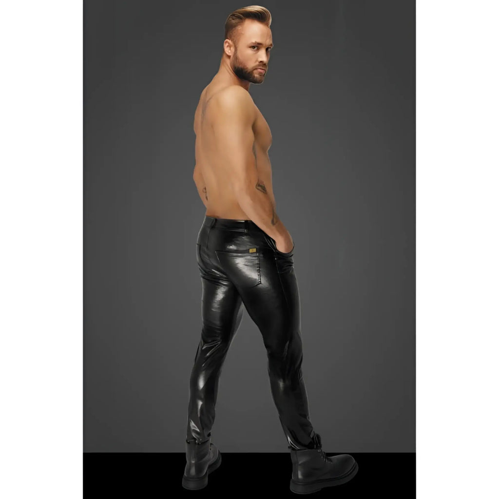 Black glossy faux leather slim fit pants with subtle stitching and back pockets noir snake wetlook long pants s back side