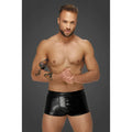 Noir Snake wetlook short shorts in black shiny faux leather with front pocket and stitched seams size M
