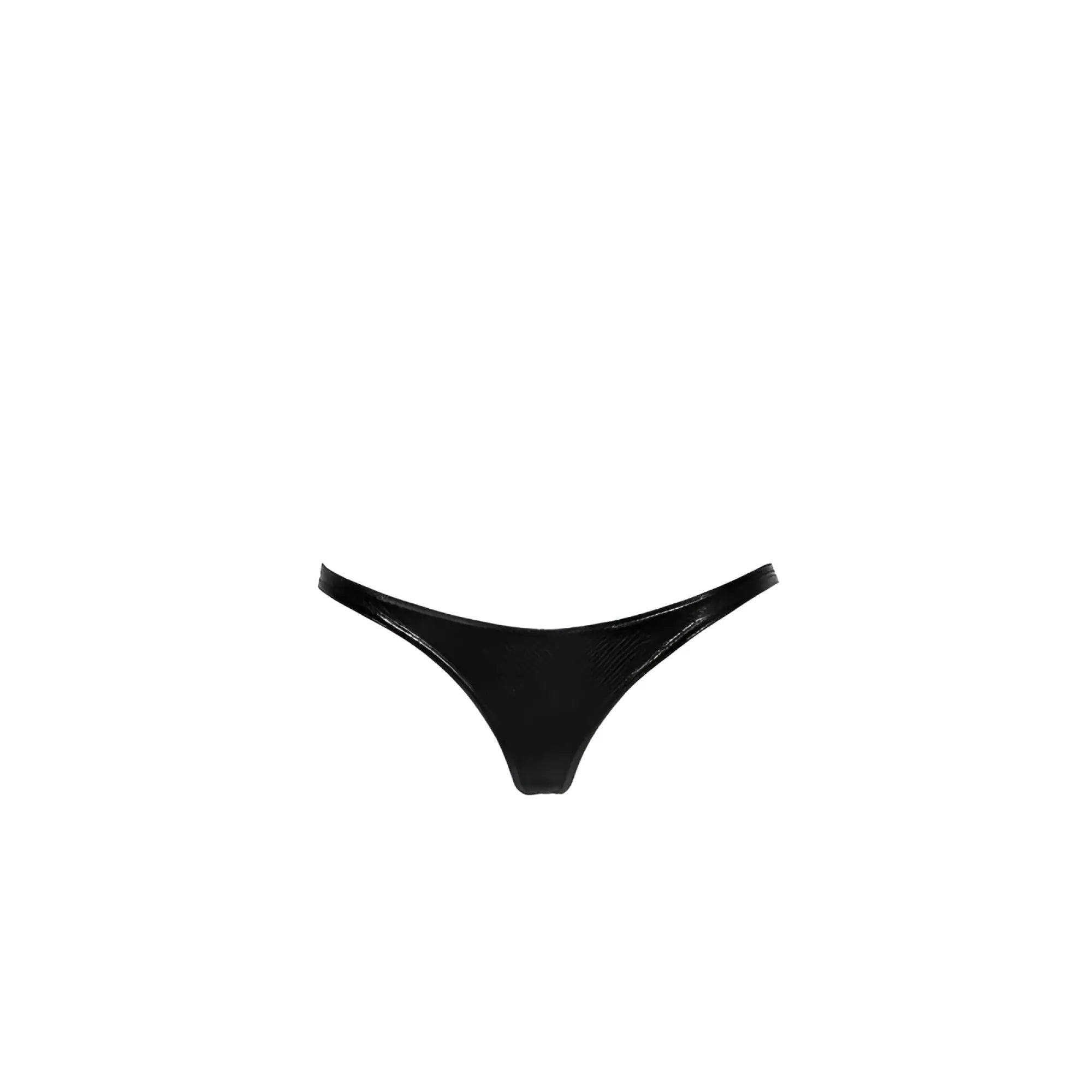 Black thong bikini bottom with a textured glossy wetlook finish shown from the back in size large