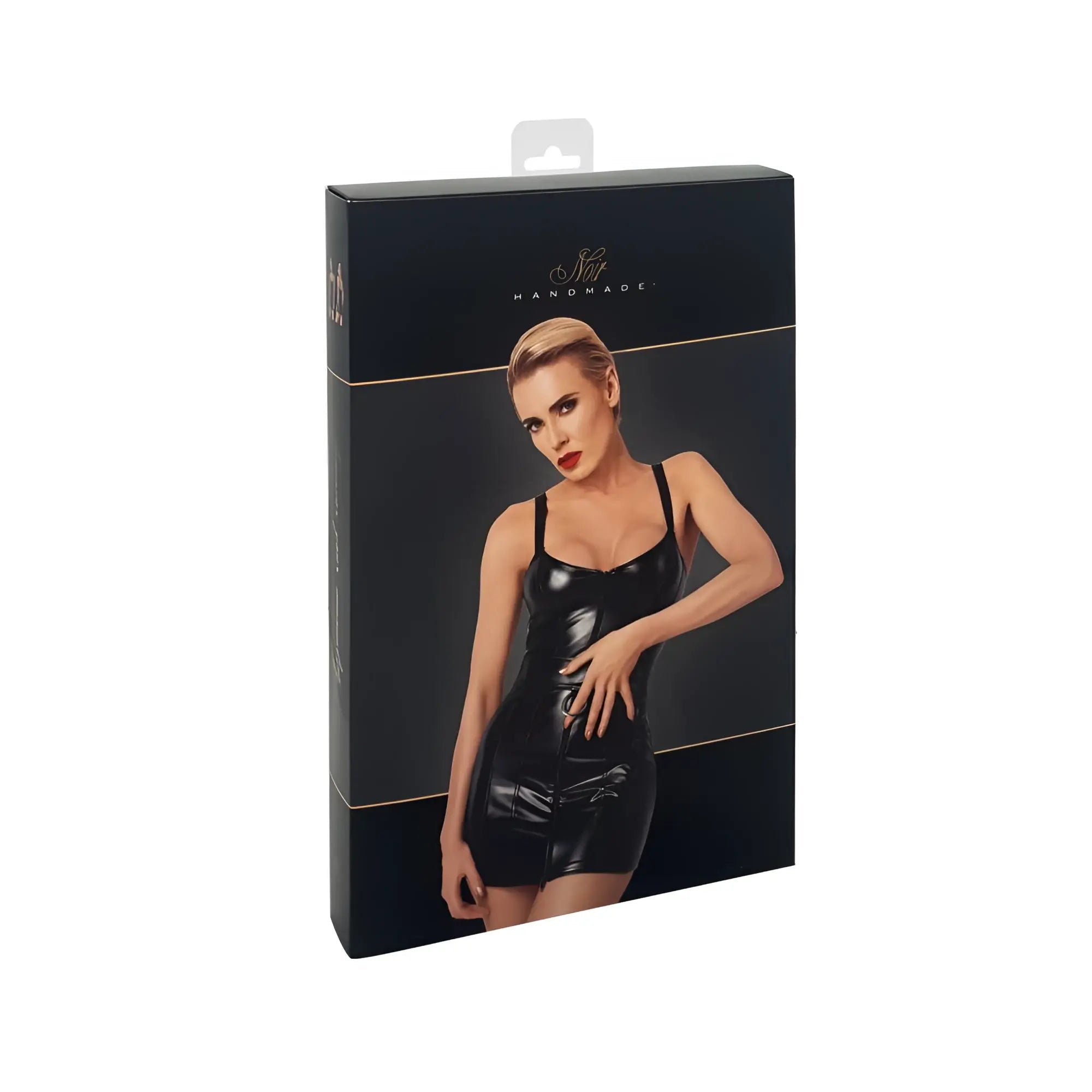Black glossy latex noir starlet wetlook minidress with fitted sleeveless design thin straps and high waisted ring belt