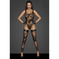Black lace noir tulle bodysuit with floral flock embroidery and matching thigh-high stockings front view