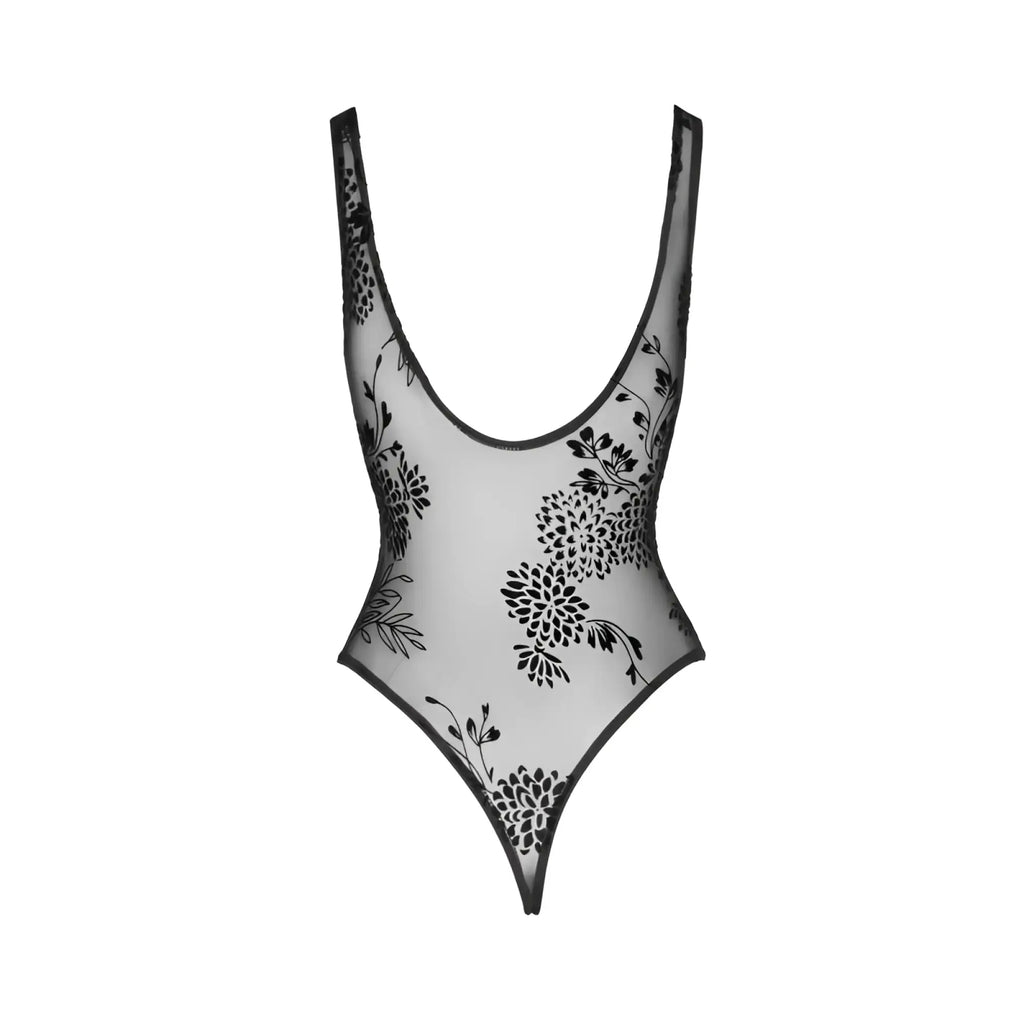 Noir tulle bodysuit with patterned flock embroidery in sheer black floral one-piece swimsuit with deep v-neck and high legs