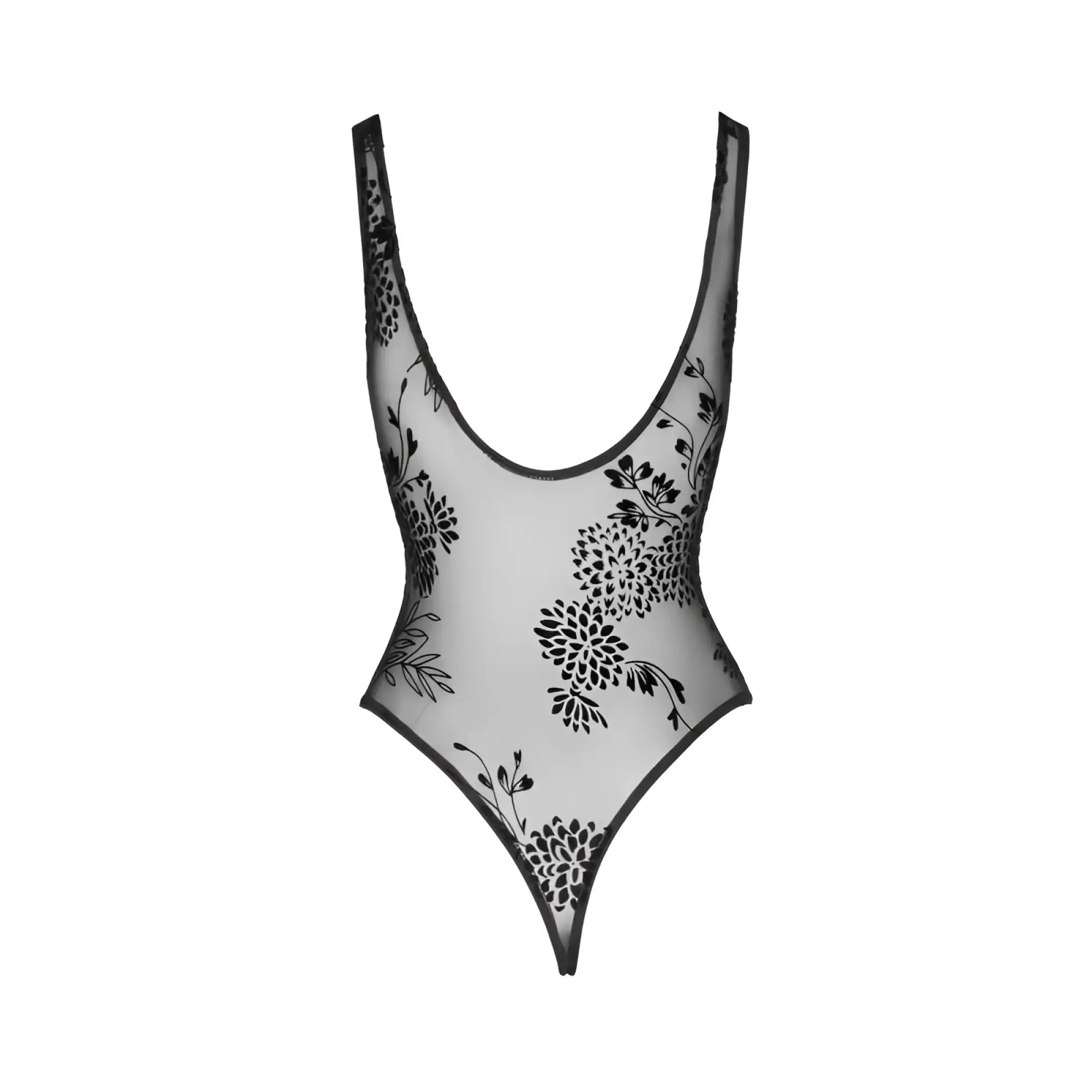 Noir tulle bodysuit with patterned flock embroidery in sheer black floral one-piece swimsuit with deep v-neck and high legs