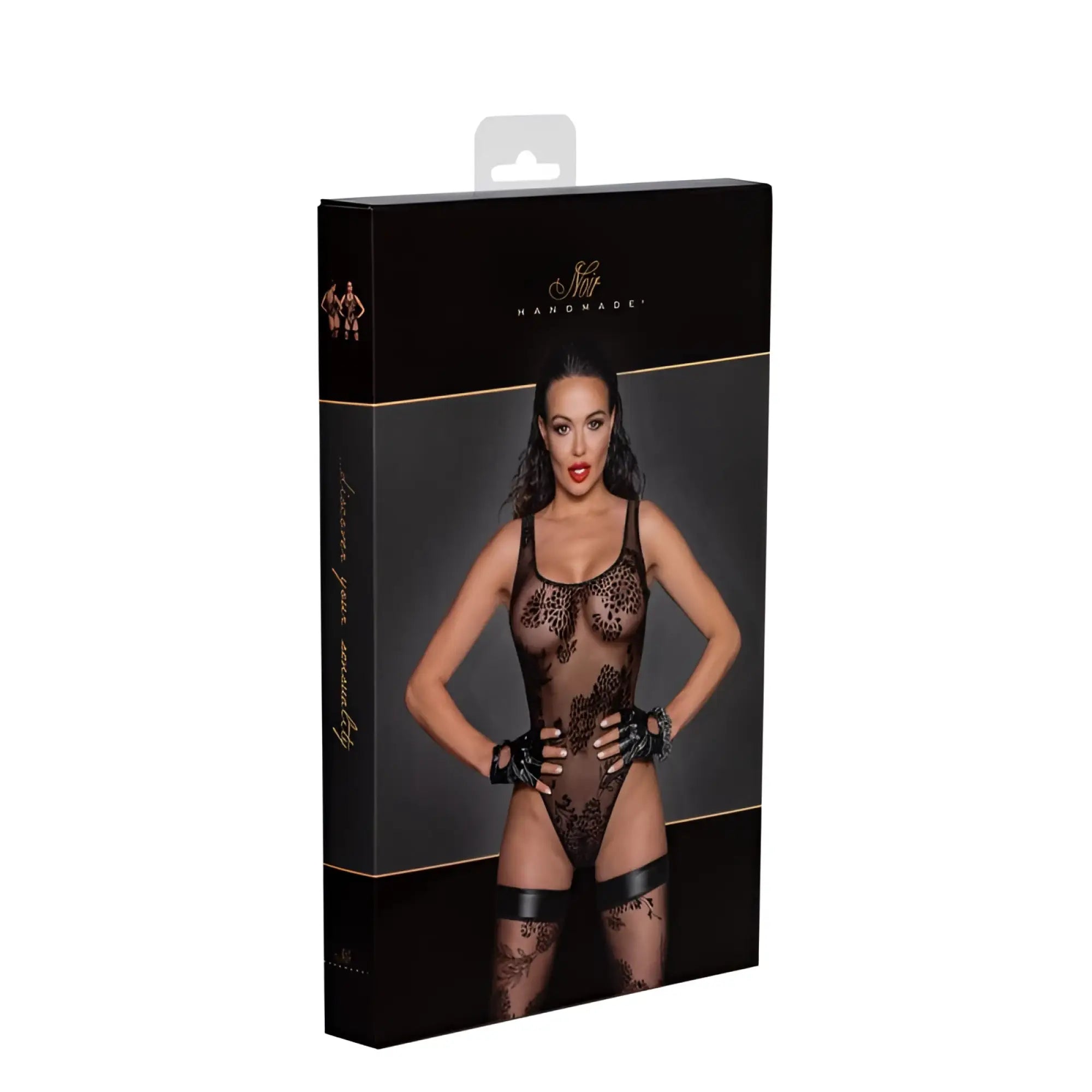 Noir tulle black lace bodysuit with leopard print flock embroidery in branded packaging box