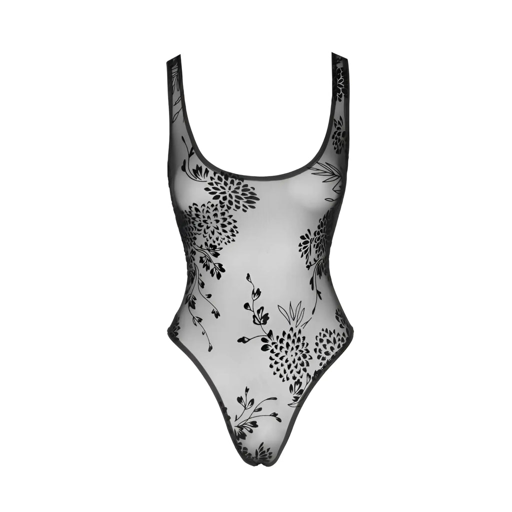 Noir tulle bodysuit patterned flock embroidery sheer black floral one-piece swimsuit with square neckline and high-cut legs