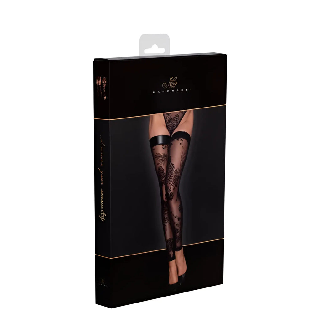 Black lace noir tulle stockings with patterned flock embroidery and power wetlook elasticized cuffs in sleek black box