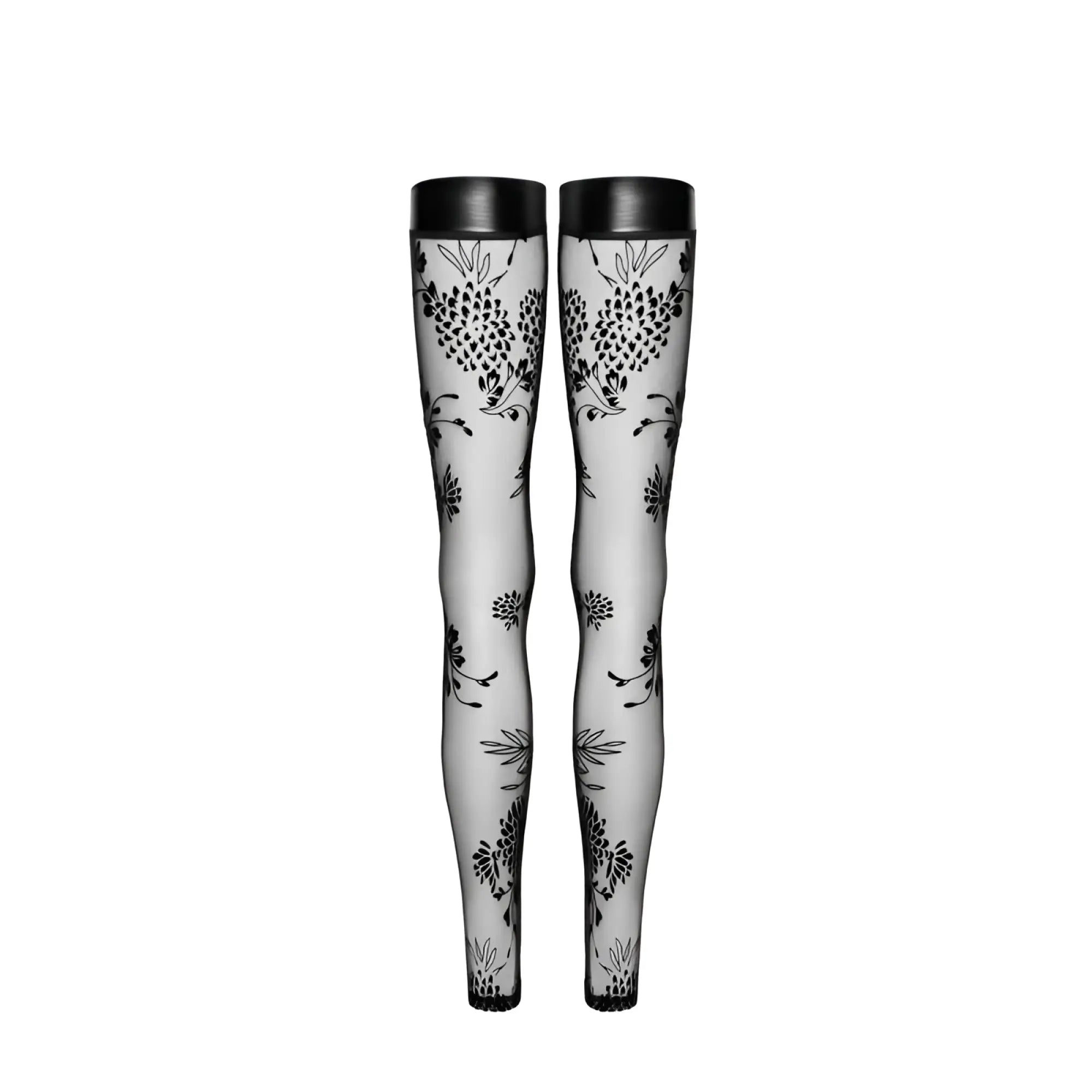 Black floral-patterned sheer tulle stockings with flock embroidery and black elasticated power wetlook band cuffs