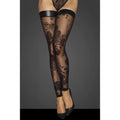 Black floral lace thigh-high stockings with patterned flock embroidery and a smooth elasticated power wetlook band