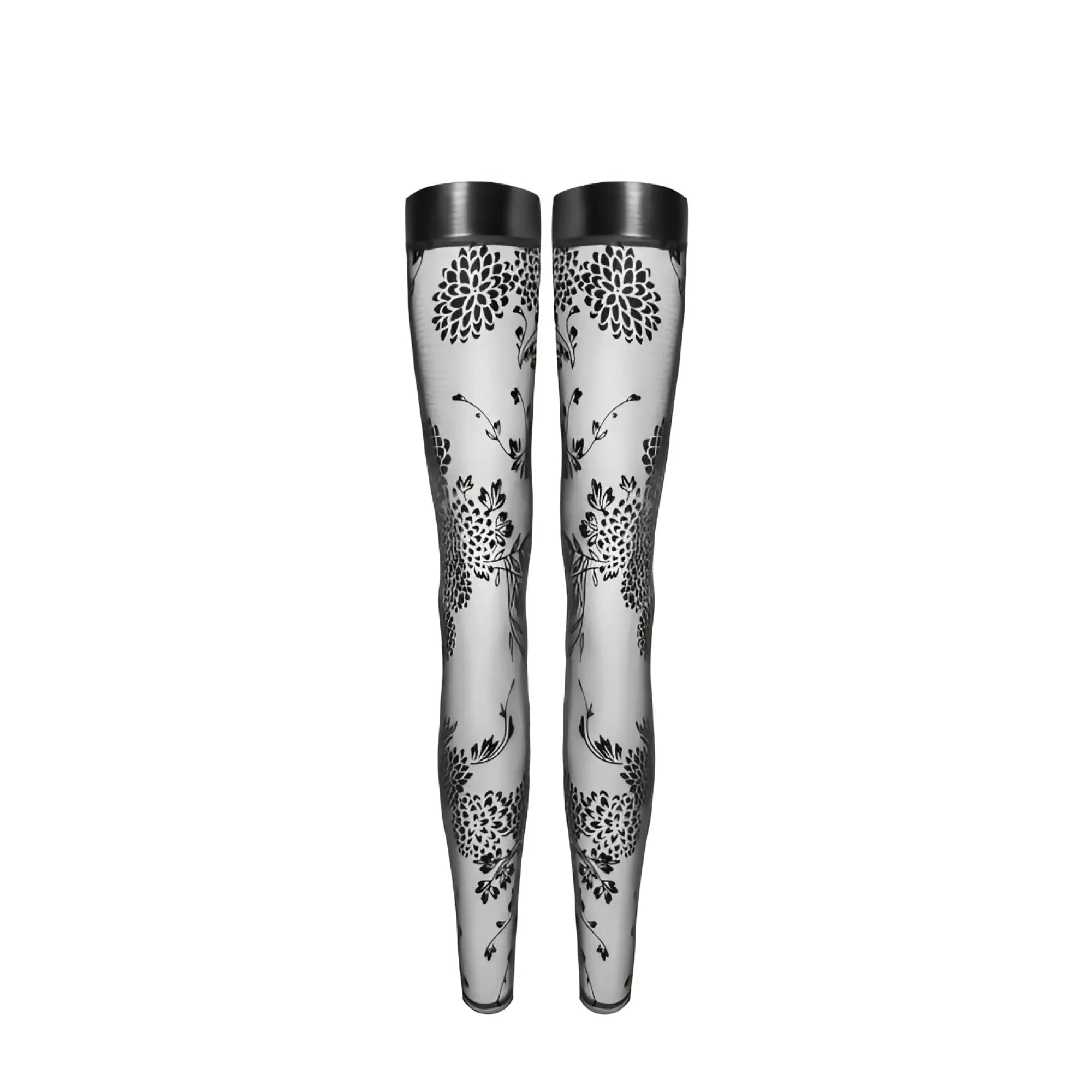 Noir tulle stockings with black floral patterned flock embroidery sheer tights and matte black elastic power wetlook band