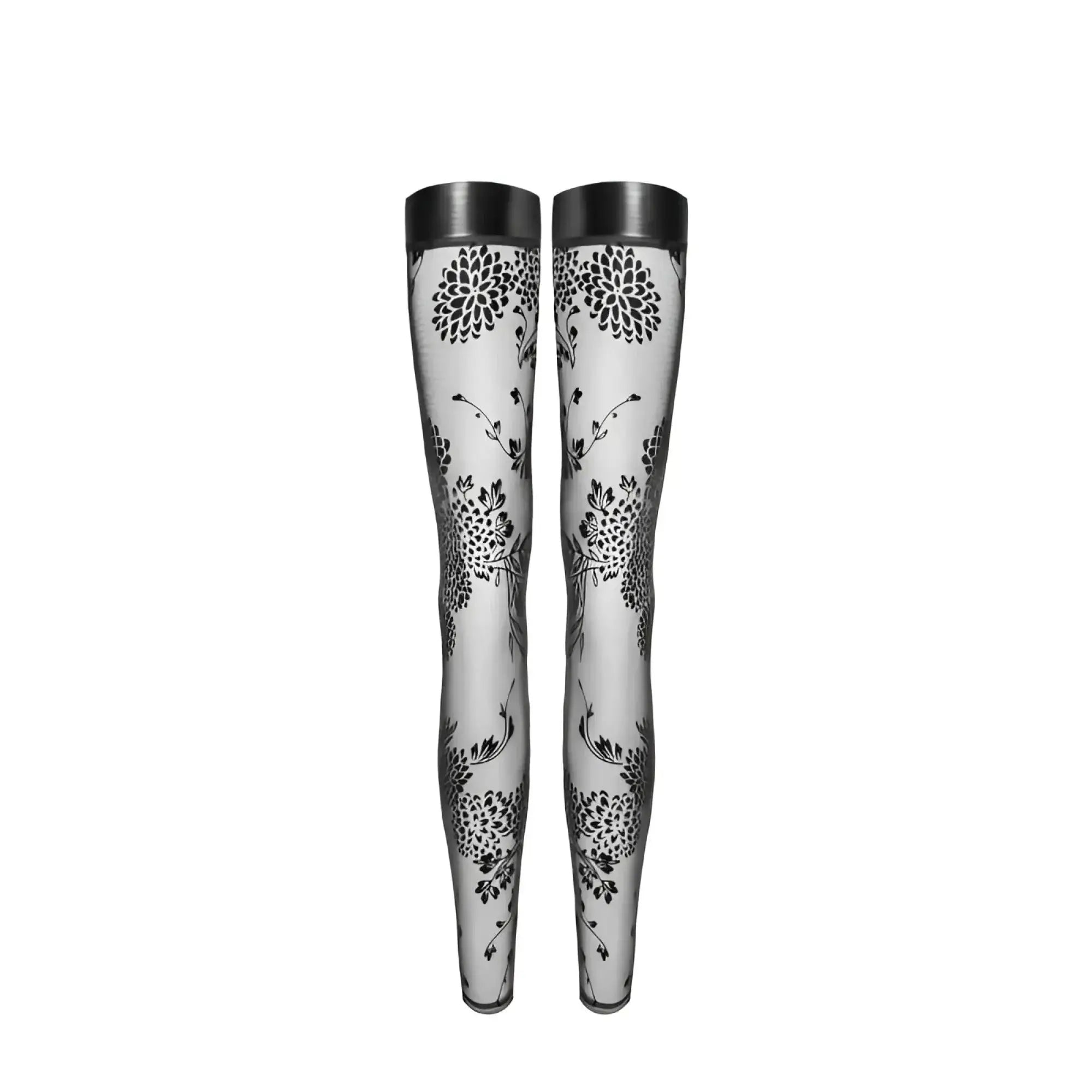 Noir tulle stockings with black floral patterned flock embroidery on sheer tights and a matte black elastic power band