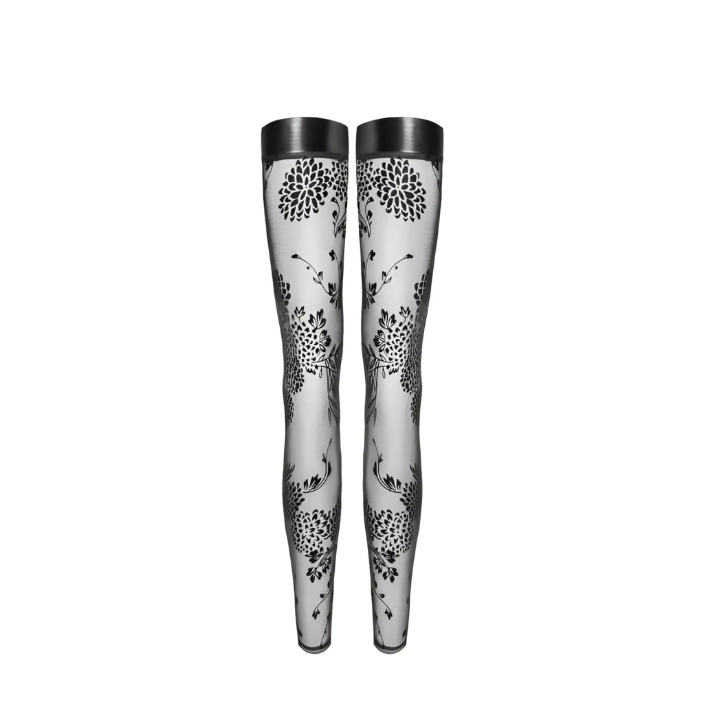 Noir tulle stockings with black floral patterned flock embroidery on sheer tights and a matte black elastic power wetlook band