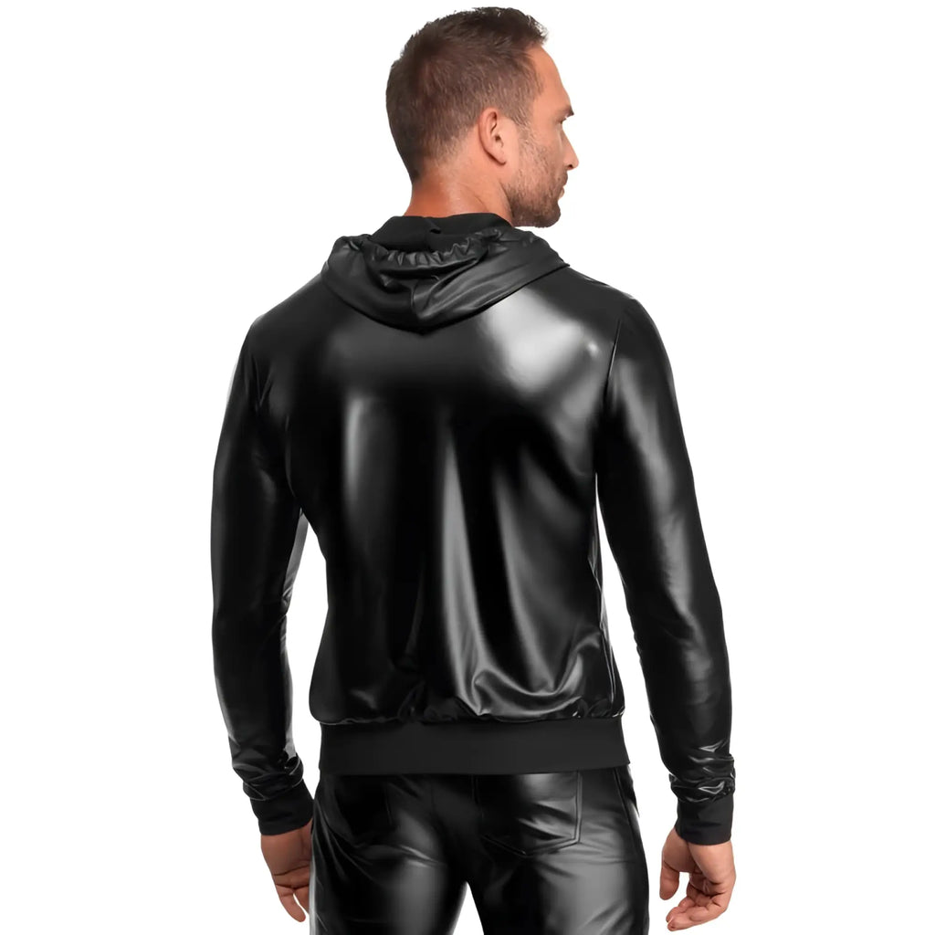 Noir vexen hooded jacket l black glossy faux leather jacket front view with hood and sleek design