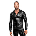 Black shiny faux leather zip up hoodie with drawstring hood and ribbed cuffs noir vexen hooded jacket l