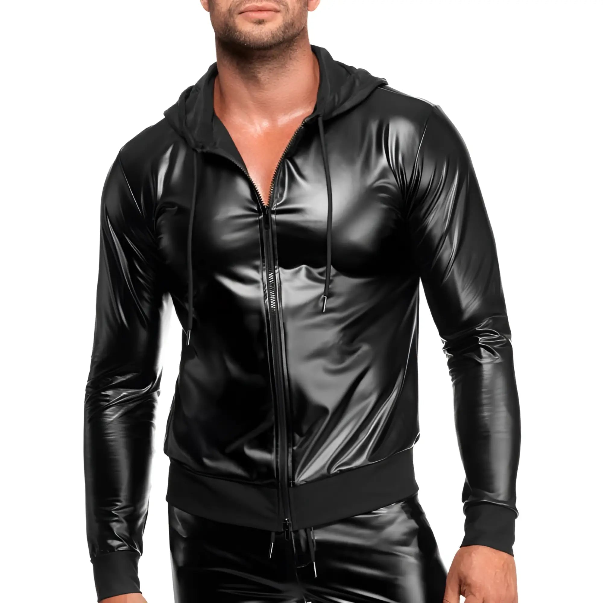 Black shiny faux leather zip-up hoodie with drawstrings noir vexen hooded jacket l front view