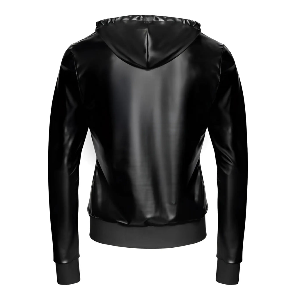 Black glossy faux leather hoodie with sleek shiny finish and ribbed cuffs in Noir Vexen Hooded Jacket M design