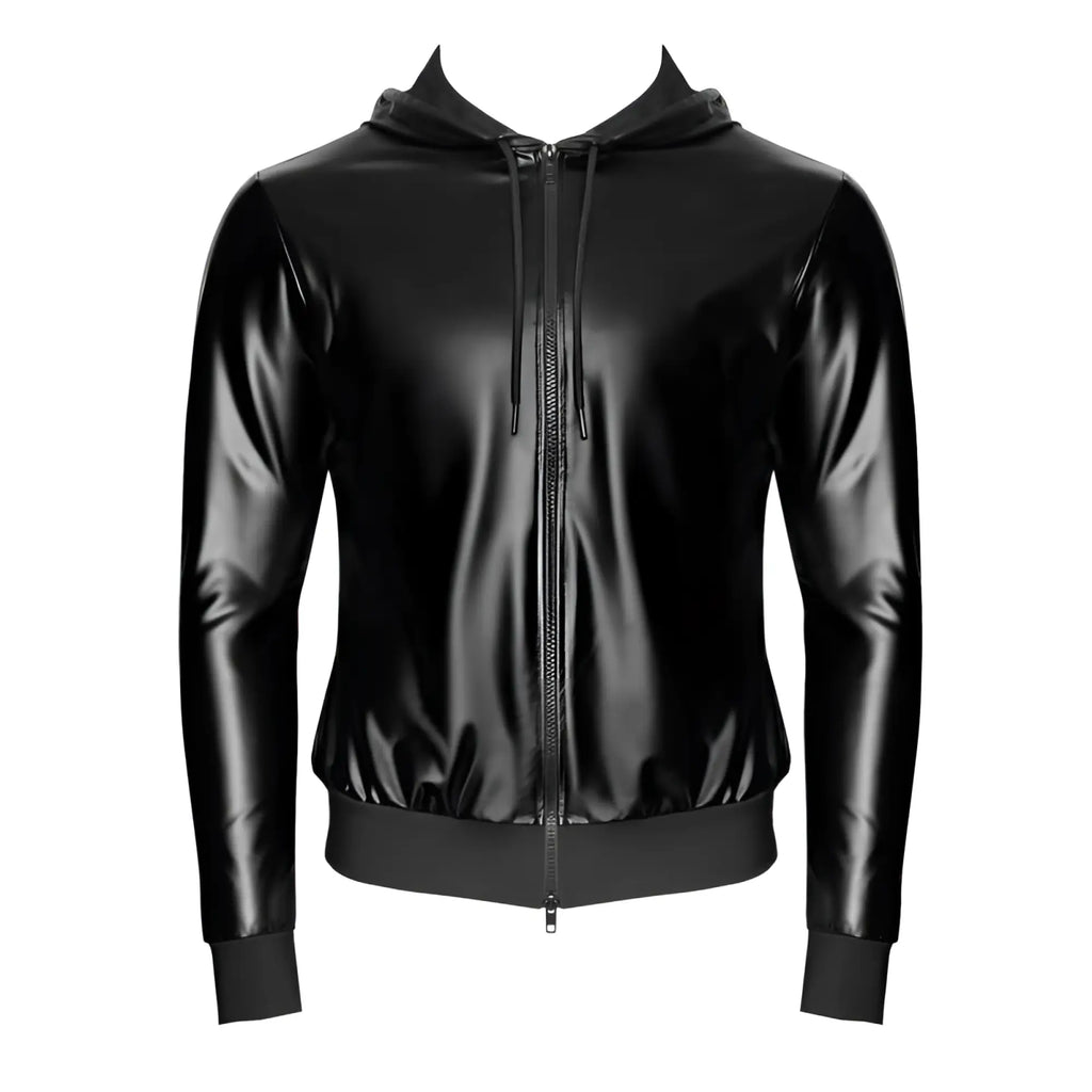 Black glossy faux leather zip-up hoodie with sleek shiny finish and matching drawstrings noir vexen hooded jacket m