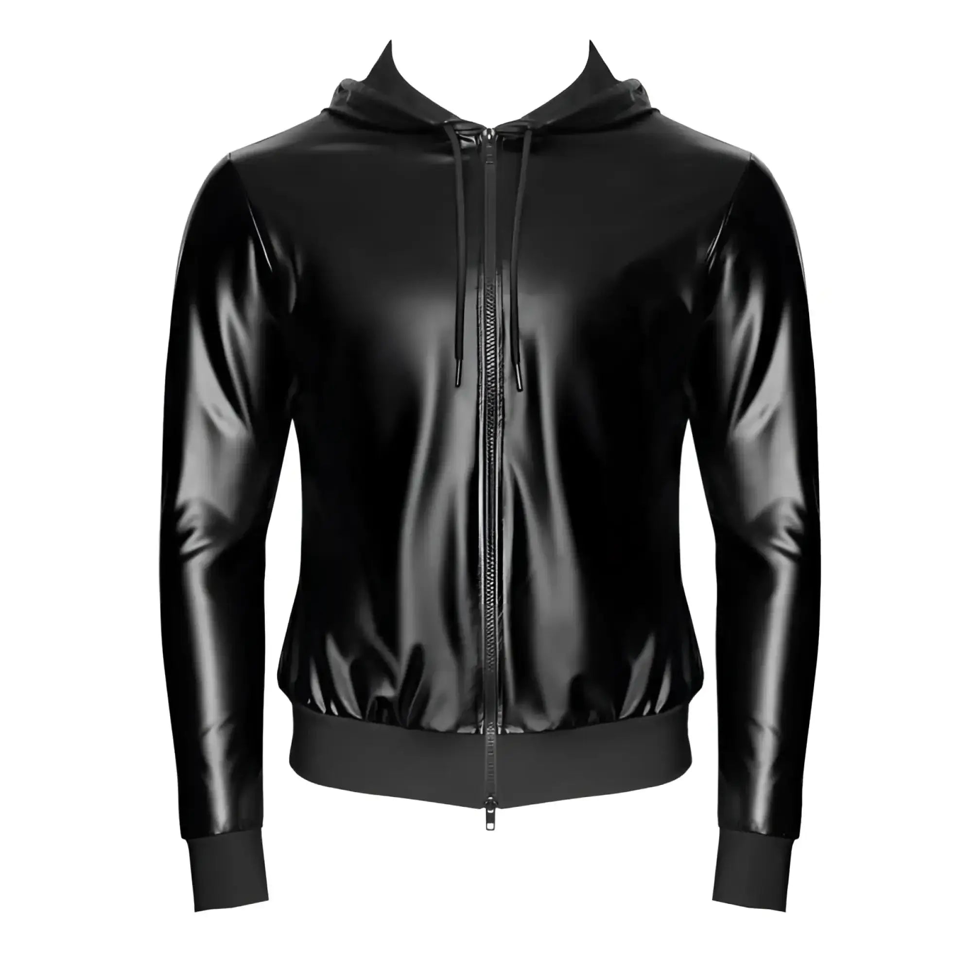 Black glossy faux leather zip-up hoodie with sleek shiny finish and matching drawstrings noir vexen hooded jacket m