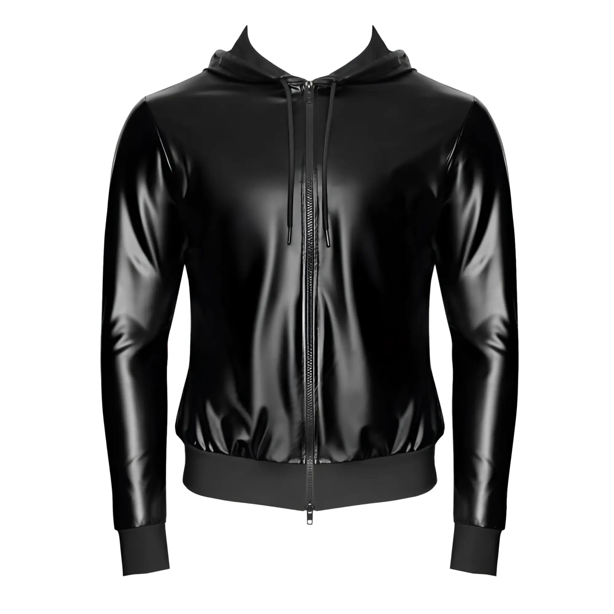 Black glossy faux leather zip-up hoodie noir vexen hooded jacket xl with sleek shiny finish and matching drawstrings
