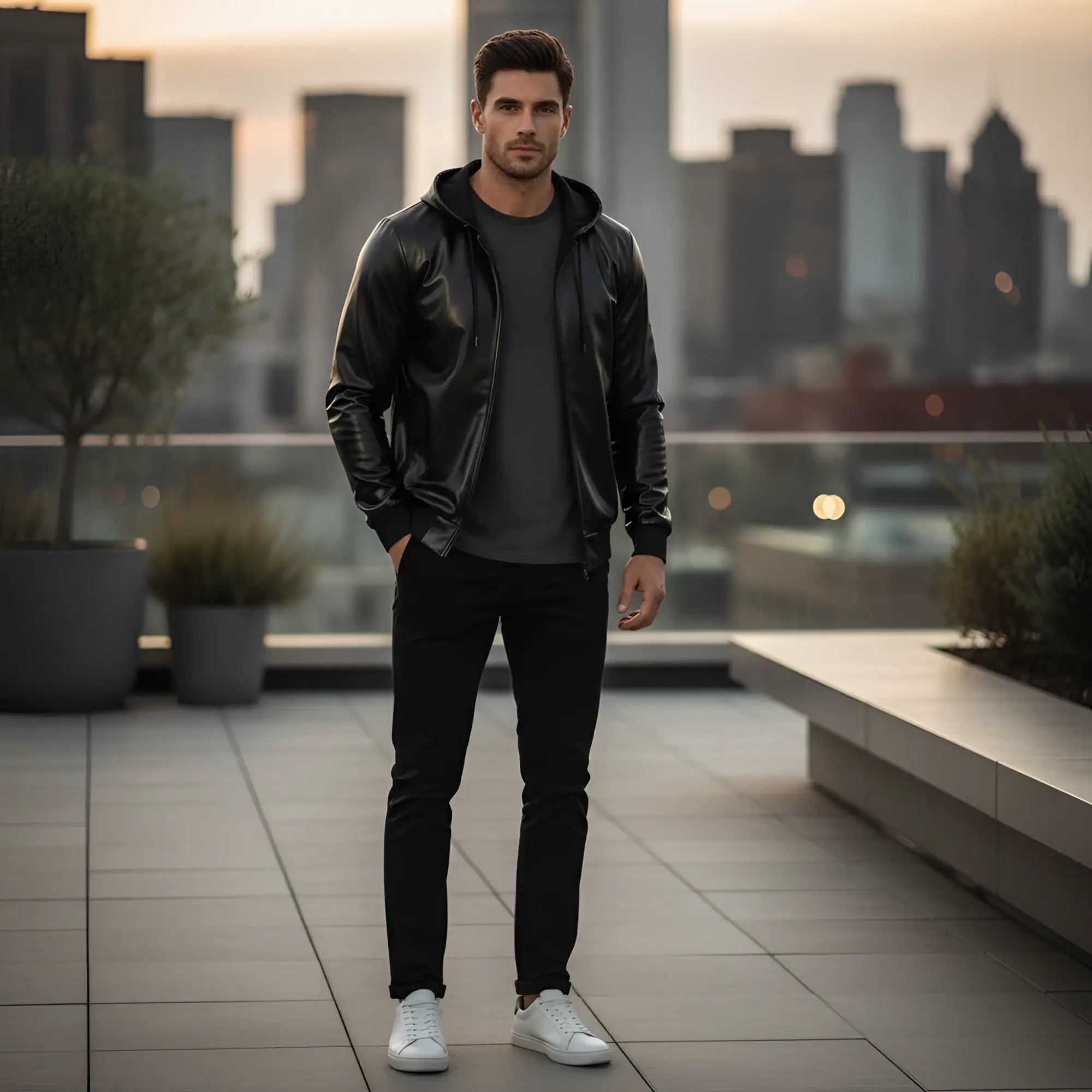 Black glossy faux leather zip-up hoodie noir vexen hooded jacket xl with sleek shiny finish and matching drawstrings