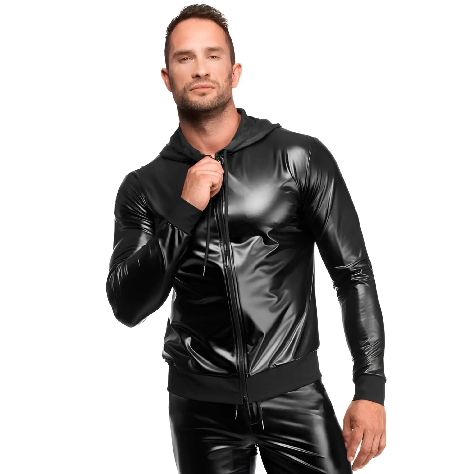 Black patent leather hooded zip up jacket and matching pants from the noir vexen collection in xl size