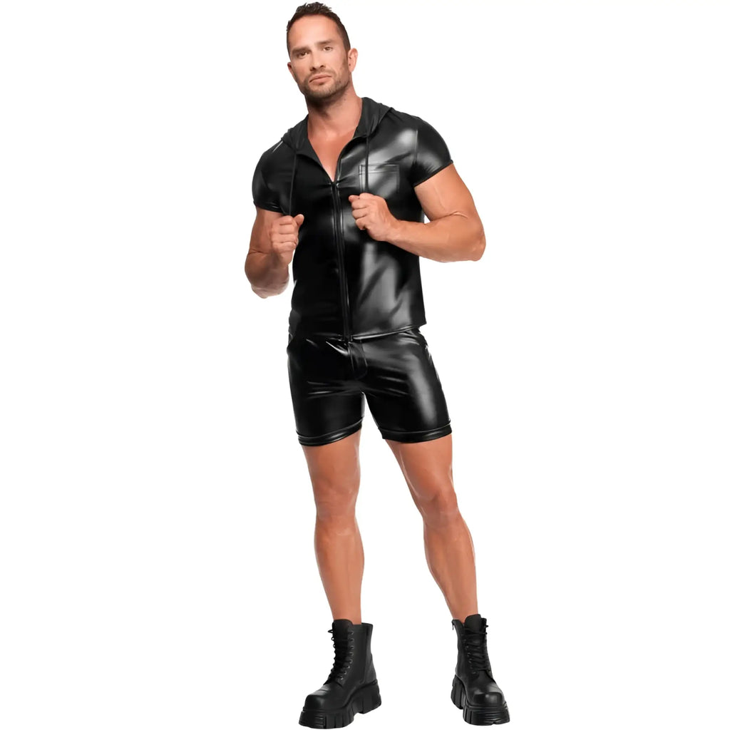 Black faux leather short sleeve hooded zip-up top with matching shorts noir vexen hooded t shirt l set