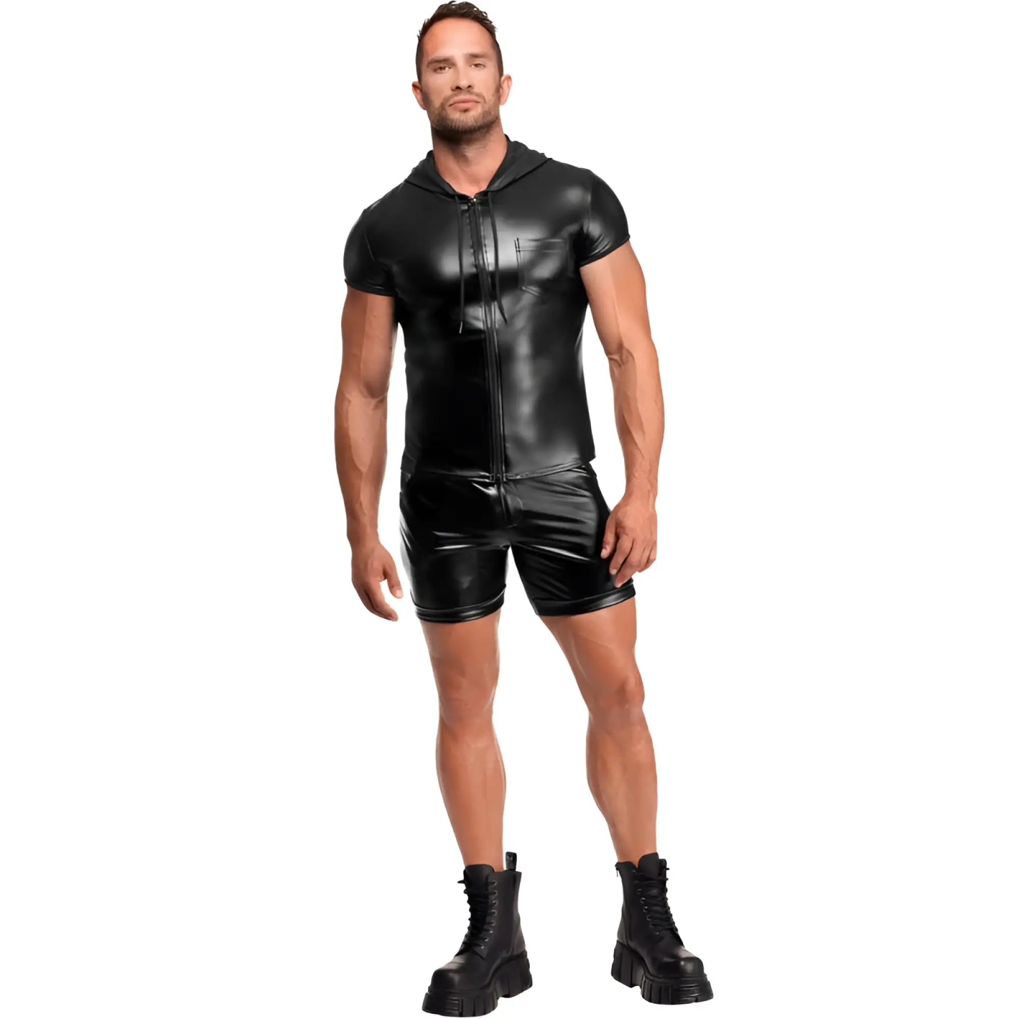 Black glossy faux leather hooded zip-up top with short sleeves and matching shorts in noir vexen hooded t shirt l