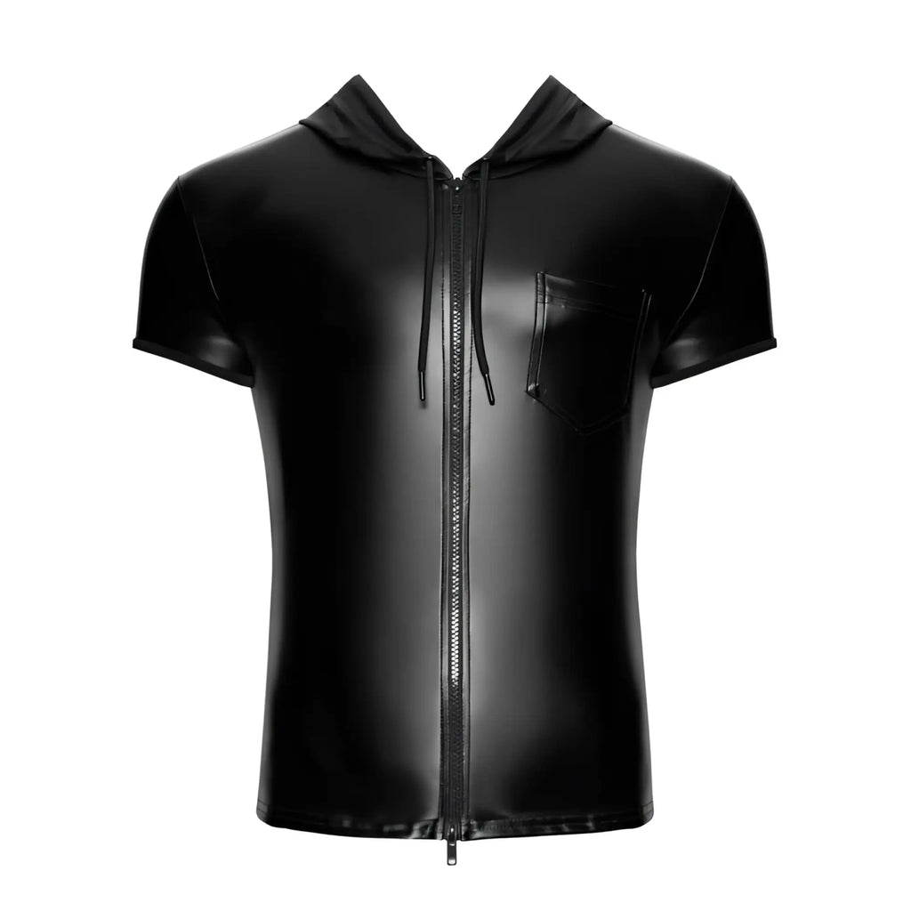 Black glossy vinyl noir vexen hooded zip-up shirt with short sleeves and chest pocket for stylish casual wear