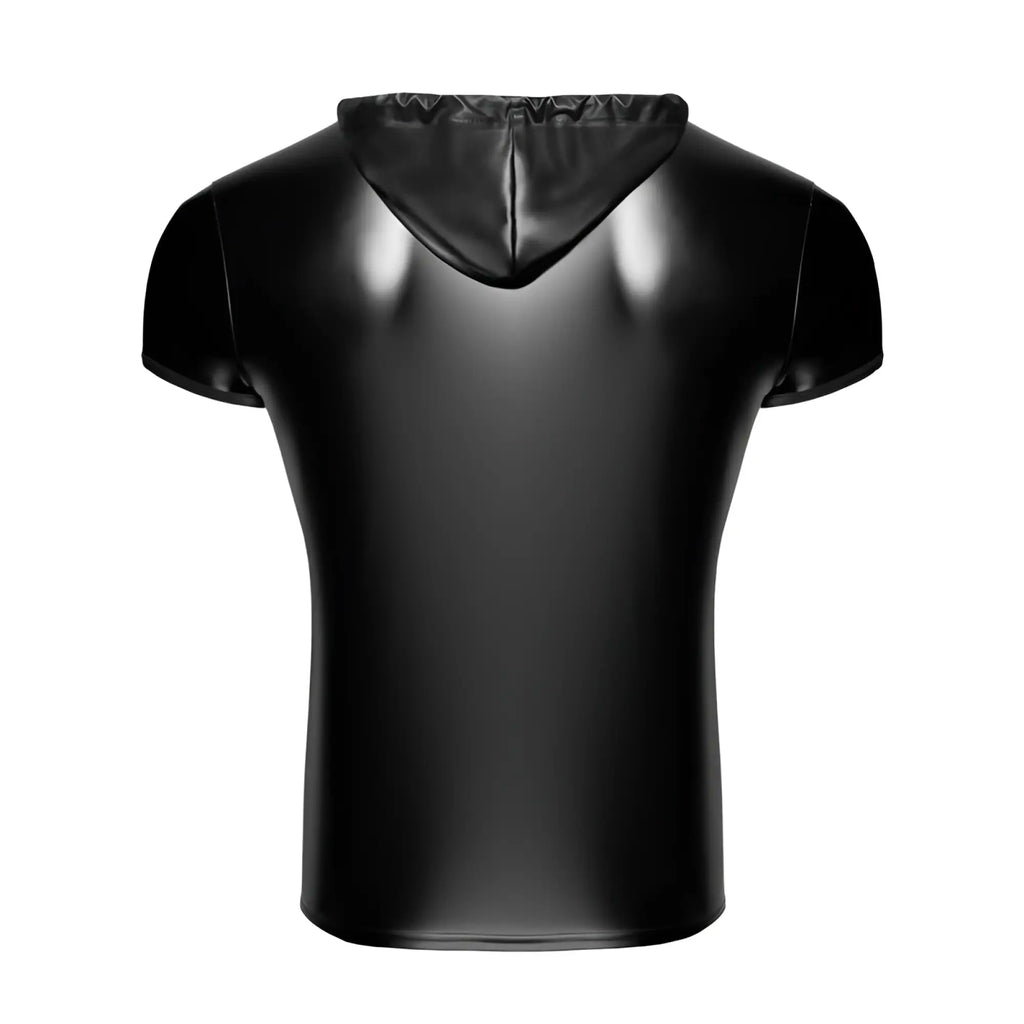 Noir vexen hooded t shirt m black glossy faux leather short sleeved hoodie with a hood front view