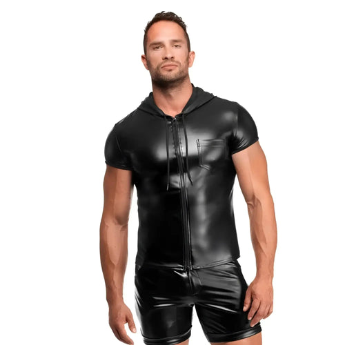 Noir Vexen hooded t shirt black glossy faux leather short sleeve zip up hoodie with front pocket