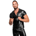 Black glossy faux leather zip-up hoodie with short sleeves and front pocket from Noir Vexen Hooded T Shirt S collection