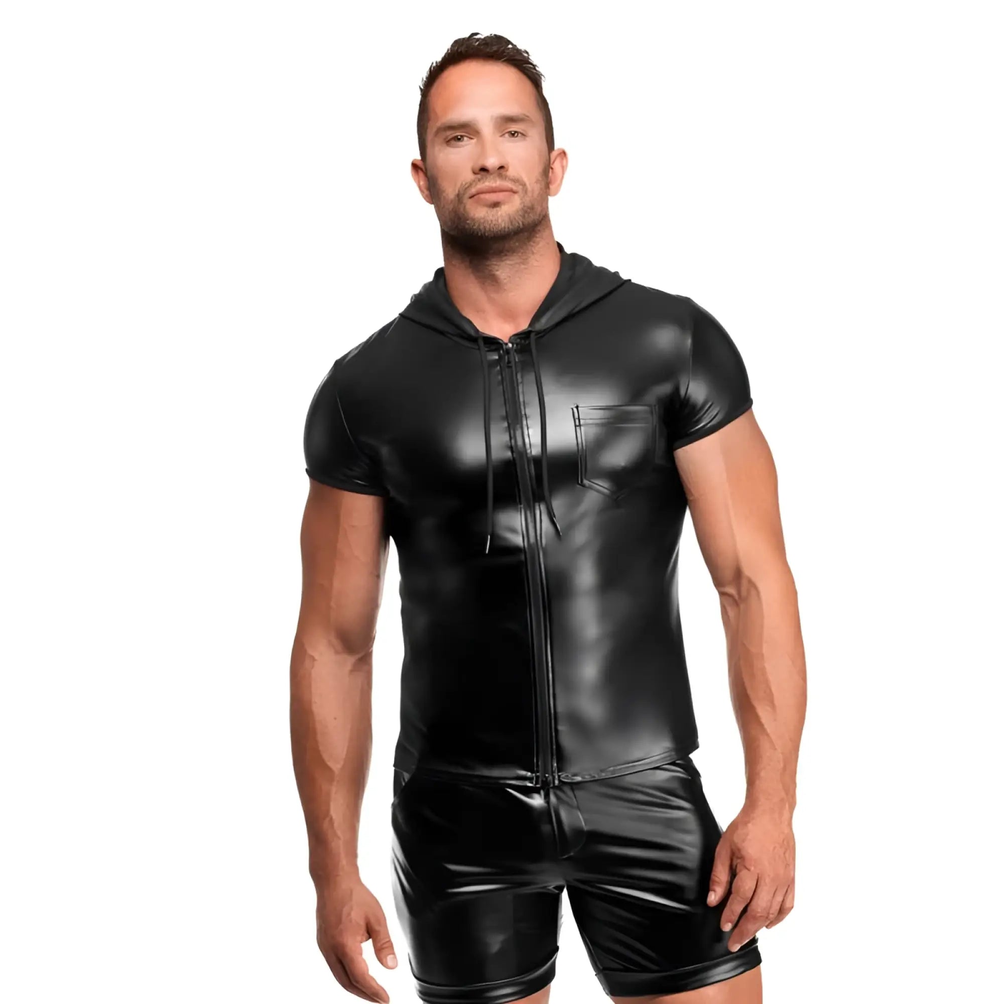 Noir Vexen hooded t shirt s black glossy faux leather zip up hoodie with short sleeves and front pocket