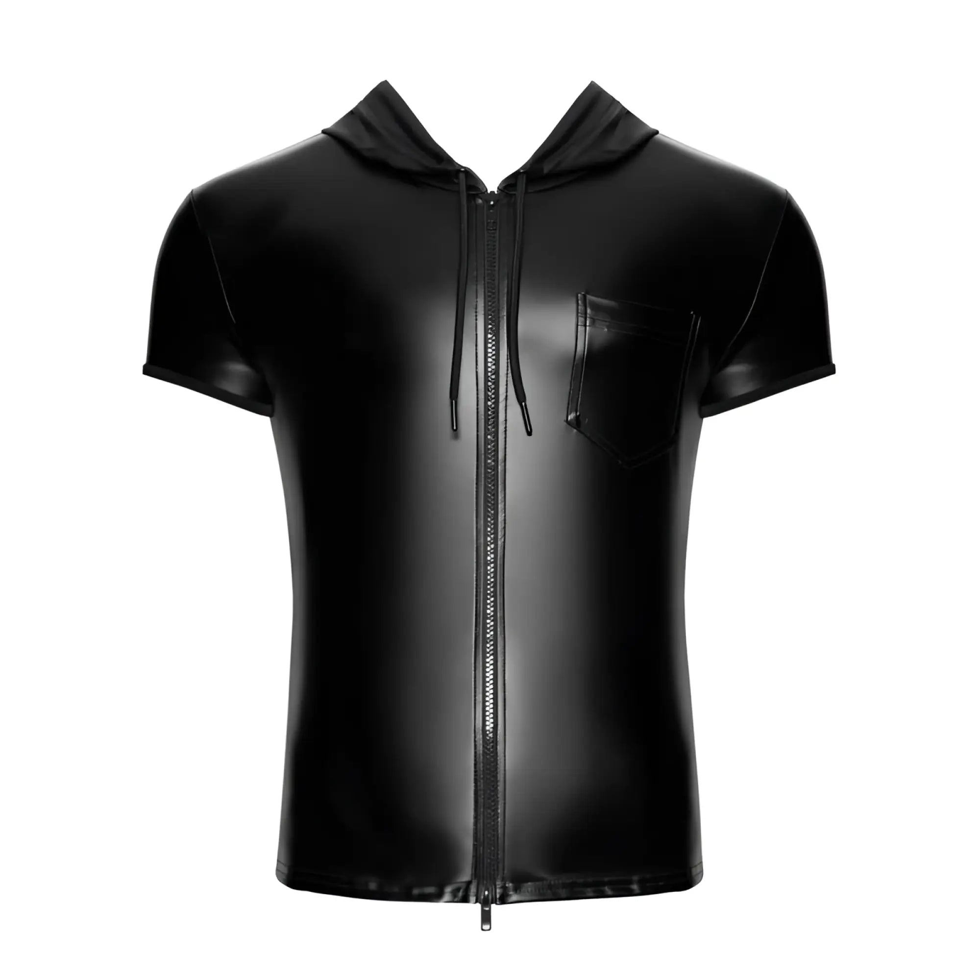 Noir Vexen hooded zip-up t shirt in black glossy vinyl with short sleeves and a chest pocket