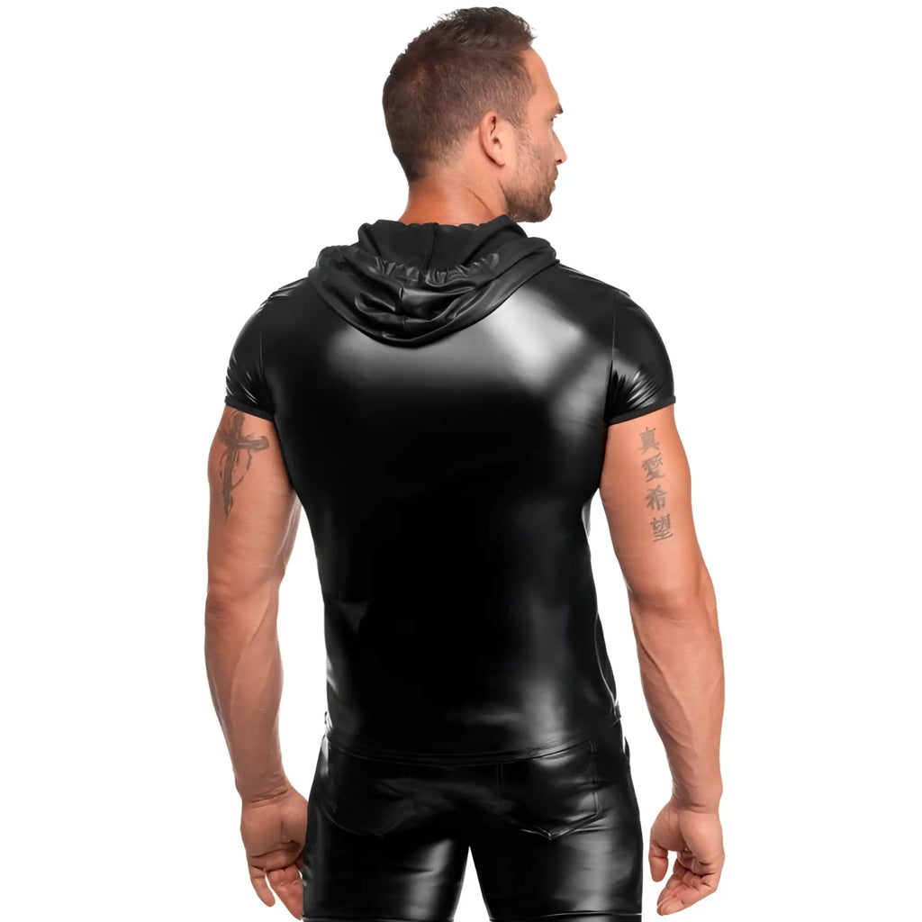 Black glossy faux leather hooded short sleeve top noir vexen hooded t shirt xl front view