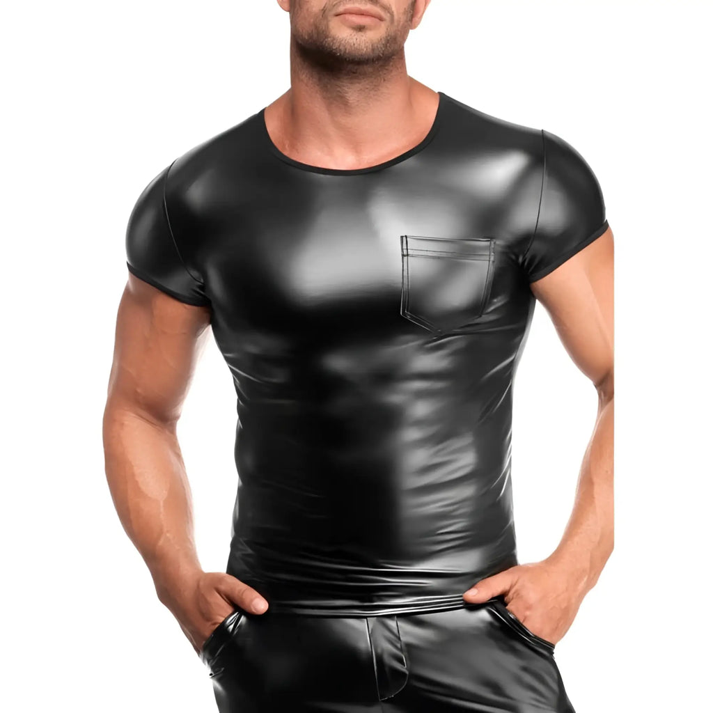 Black glossy faux leather short sleeve t-shirt noir vexen tee m with chest pocket for stylish casual wear