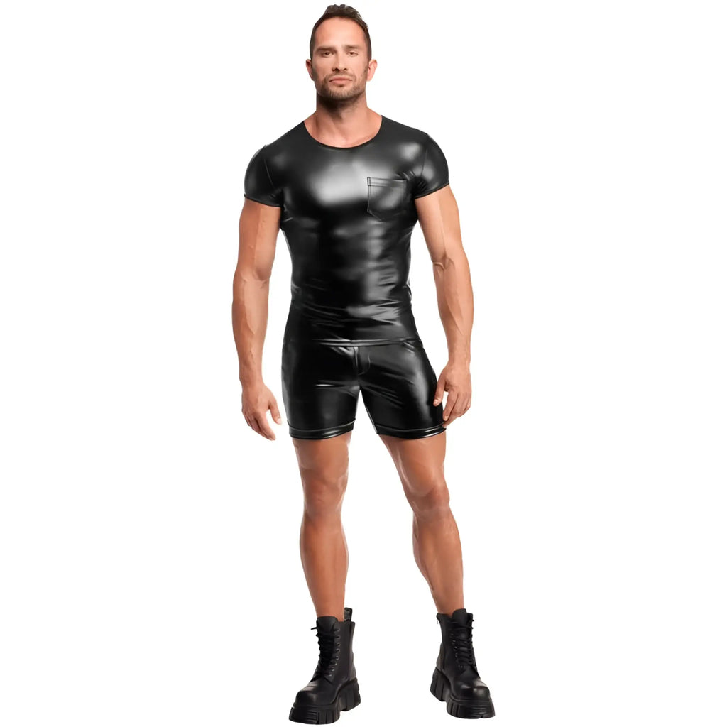 Black glossy faux leather short-sleeved tee with front pocket and matching shorts noir vexen tee m set