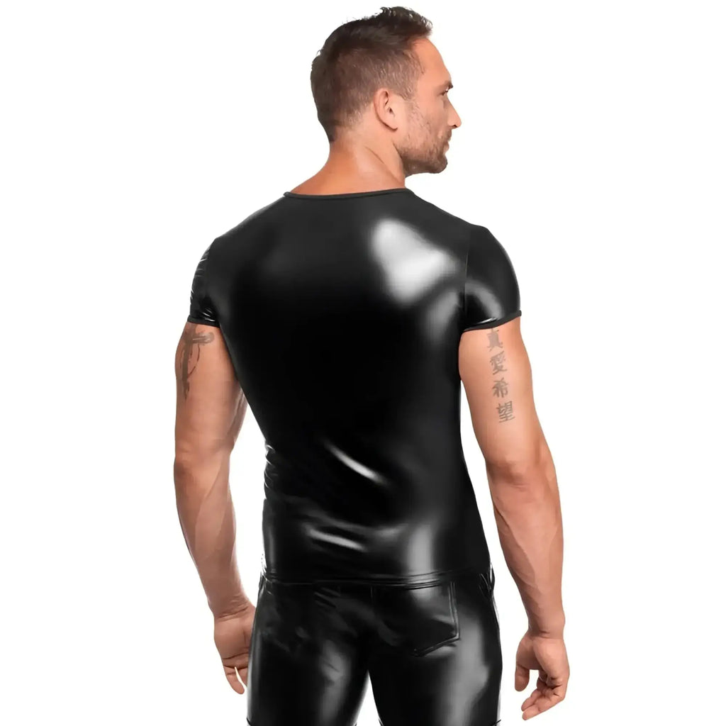 Black glossy latex short-sleeved top noir vexen tee m with sleek fitted design for edgy fashion looks