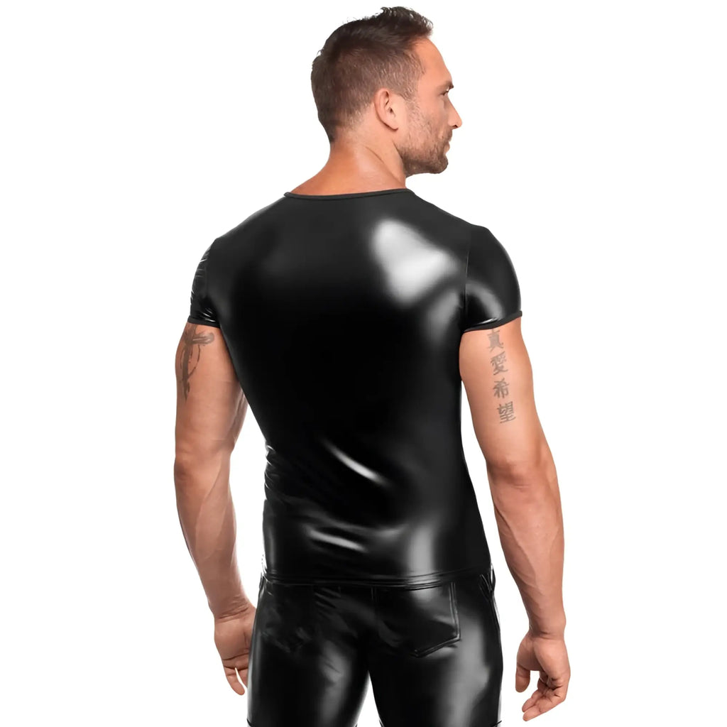 Black glossy latex short-sleeved top noir vexen tee m with sleek fitted design for edgy fashion looks